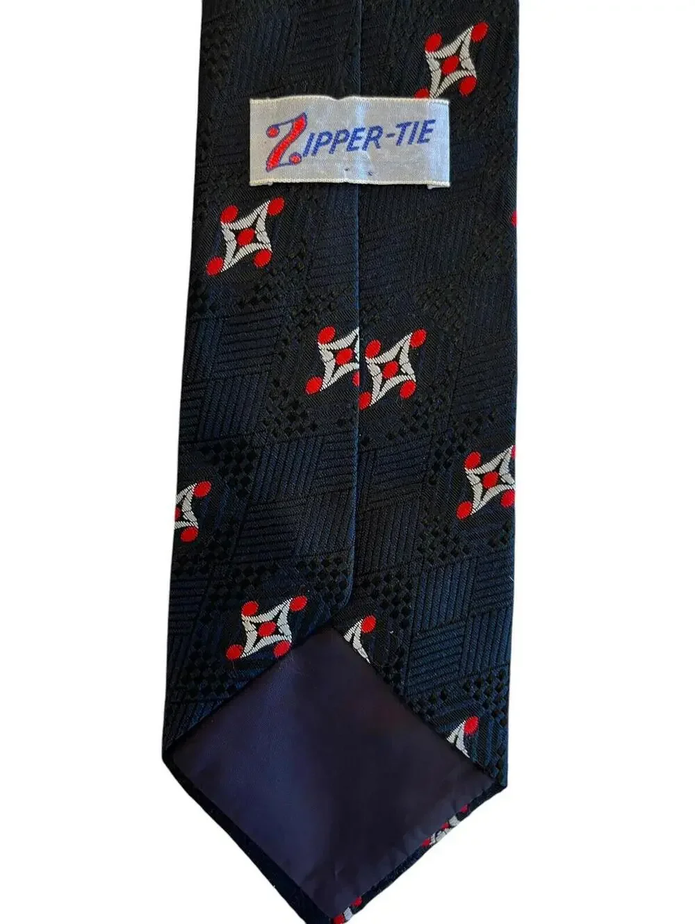 Necktie Navy Blue Zipper Tie Pre Tied Woven with white and red Pattern 1986.1